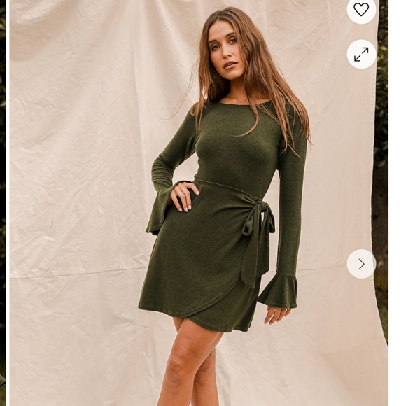 Lulus Dresses & Skirts - Lulus Olive Green Faux Wrap Sweater Dress Size L